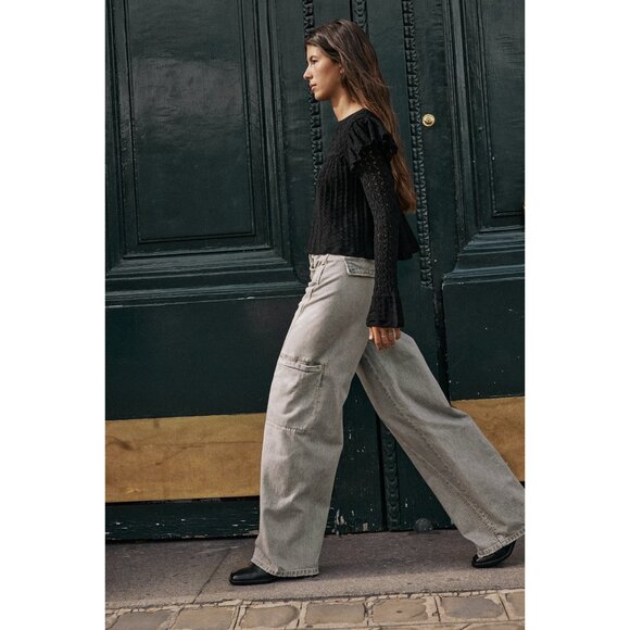 Zara Black Pointelle Ruffle Long Sleeve Semi Crop Top - Picture 3 of 10